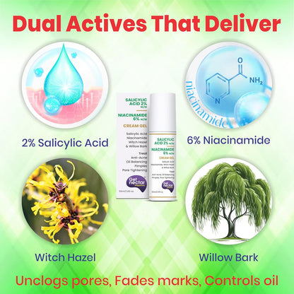 Product packaging with salicylic acid, niacinamide, witch hazel, and willow bark on a green background.