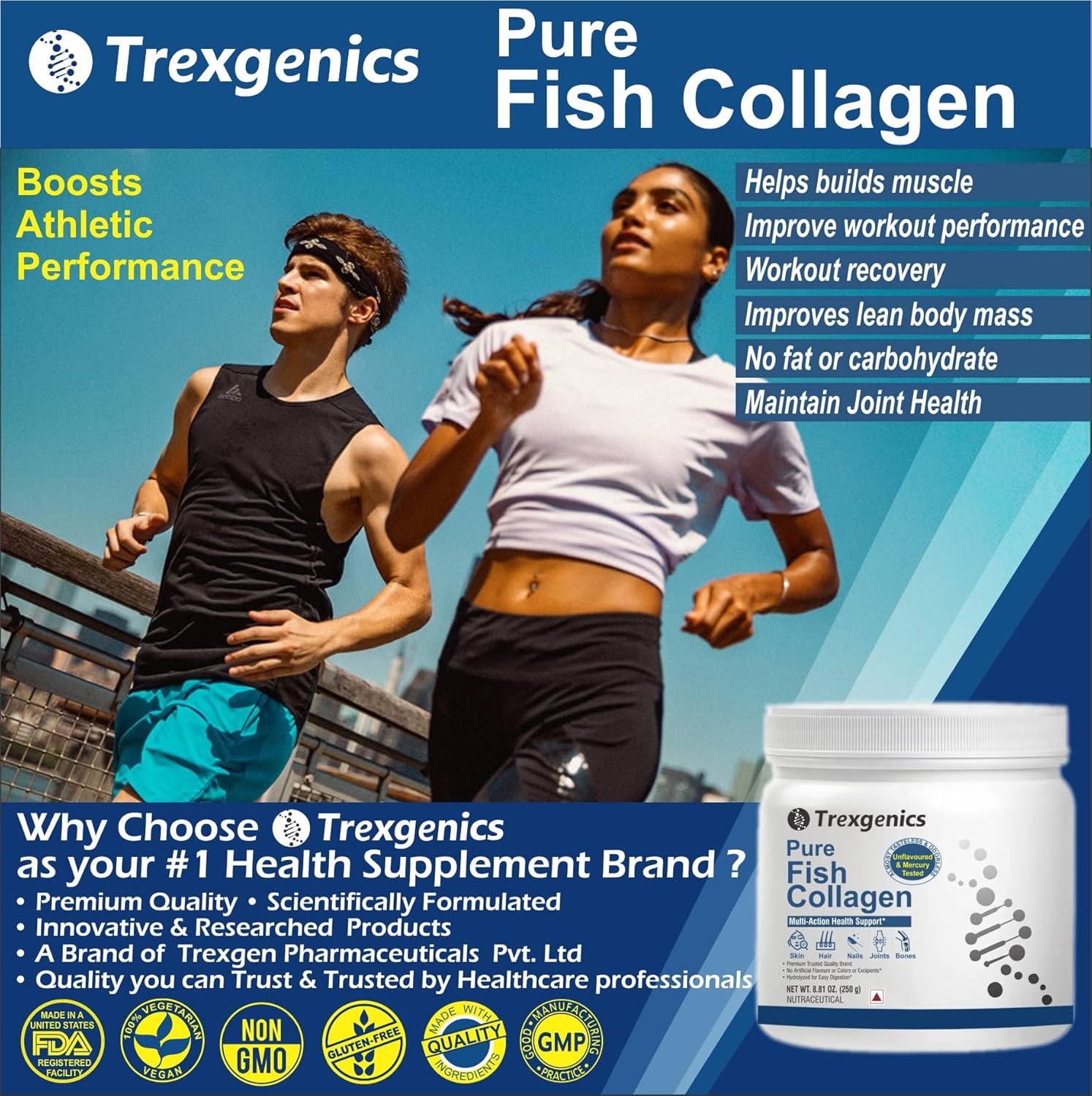 Advertisement for Trexegenics Pure Fish Collagen showing two people running with product packaging.