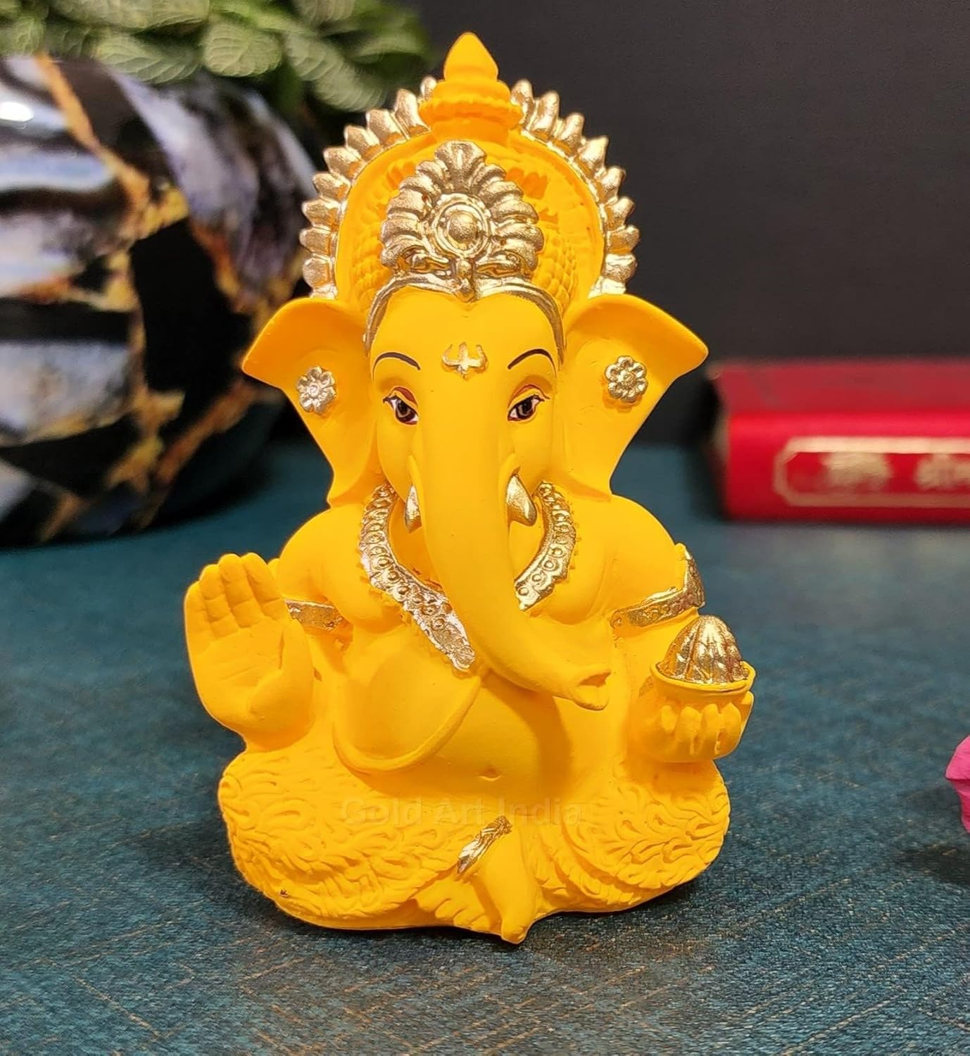 Gold Art India Yellow Mukut Ganesha - Good for Divine Home/Office Decor, Car Dashboard Idol, Housewarming Gift(Mukut Yellow Terracotta 3.5"), Idol