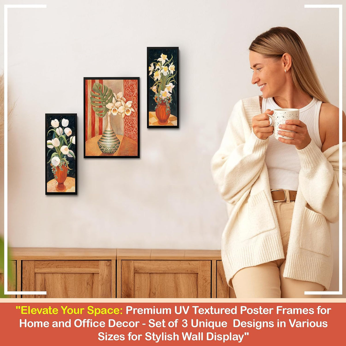 Wall Painting Frames For decor, Pictures Frame For Living Room, Home Decoration, Bedroom, Set of 3, 1pc- 23 x 30 cm, 2pc- 12.5 x 30 cm (Design 7)