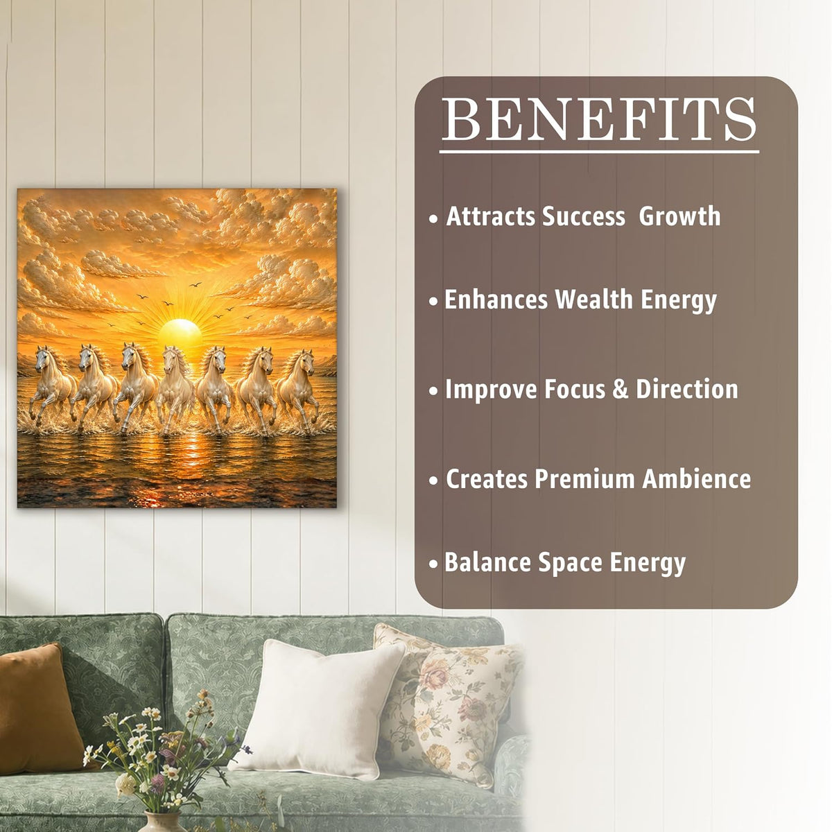 7 White Running Horses Canvas Painting For Living Room | Seven Running Horses Vastu Painting For Bedroom, Home & Office, Stretched Canvas, 16x22 Inch
