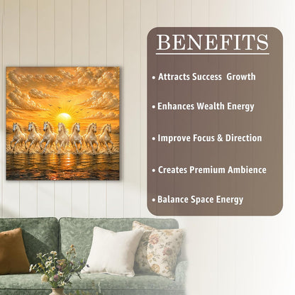 7 White Running Horses Canvas Painting For Living Room | Seven Running Horses Vastu Painting For Bedroom, Home & Office, Stretched Canvas, 16x22 Inch
