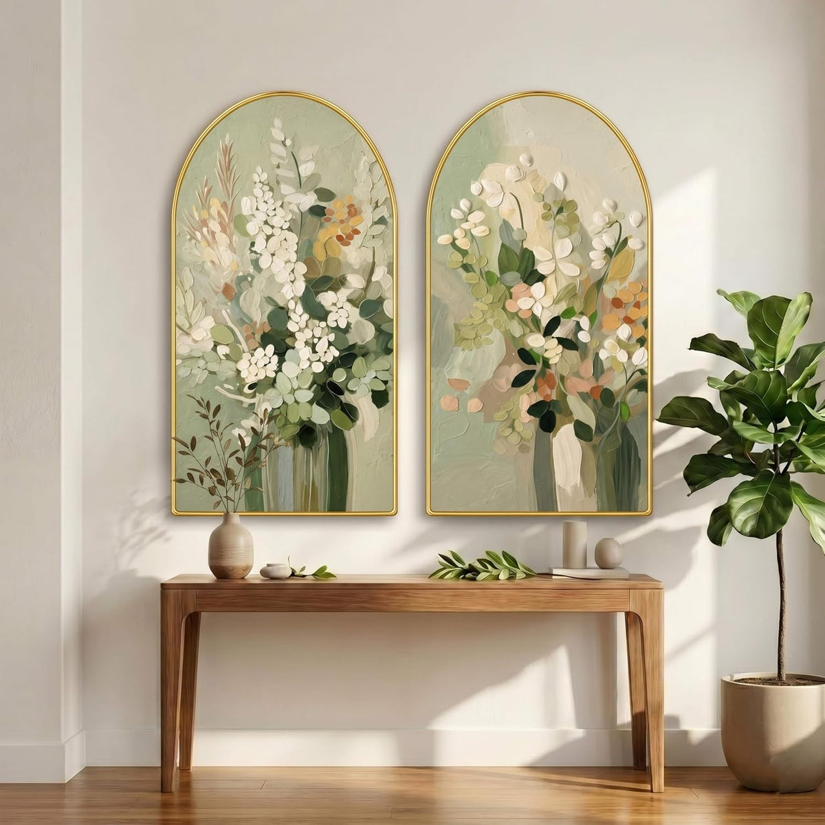Set of 2 Floral Wall Painting for Living Room, Green Botanical Modern Artwork, PVC Golden Frame, Arch Shape Wall Decor for Bedroom, Hall, Office & Gift (30 x 32 Inch) RPNL-02-113
