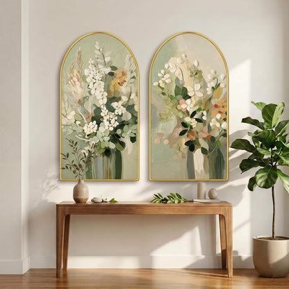 Set of 2 Floral Wall Painting for Living Room, Green Botanical Modern Artwork, PVC Golden Frame, Arch Shape Wall Decor for Bedroom, Hall, Office & Gift (30 x 32 Inch) RPNL-02-113