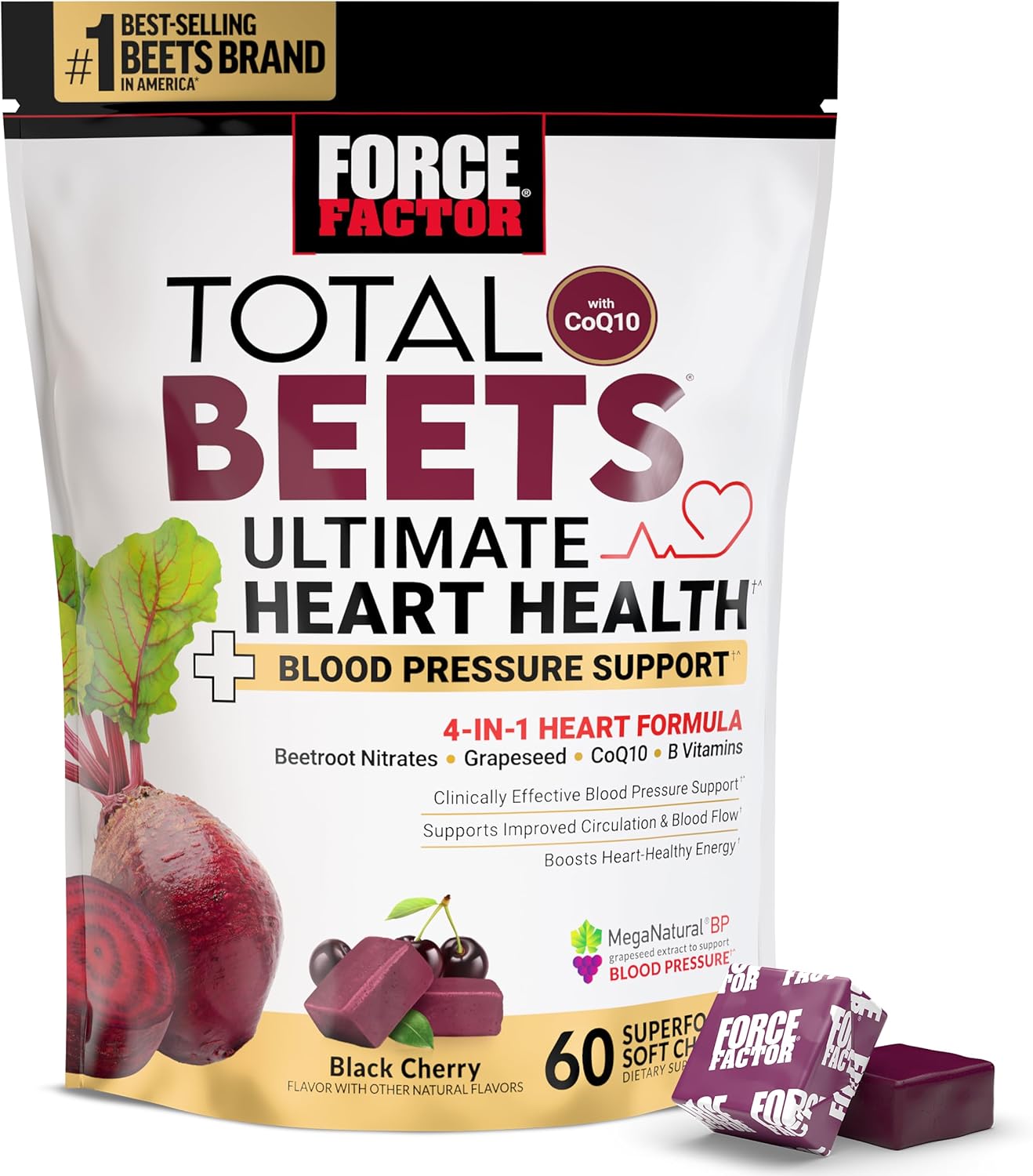 Force Factor Total Beets supplement package with beetroot and cherry graphics on a white background
