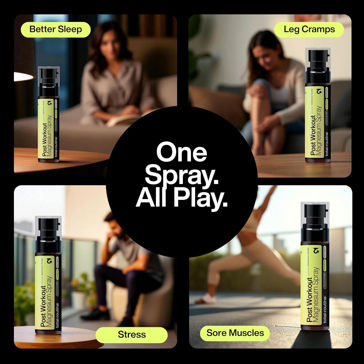 Product advertisement for a spray with various uses including better sleep, leg cramps, stress, and sore muscles.