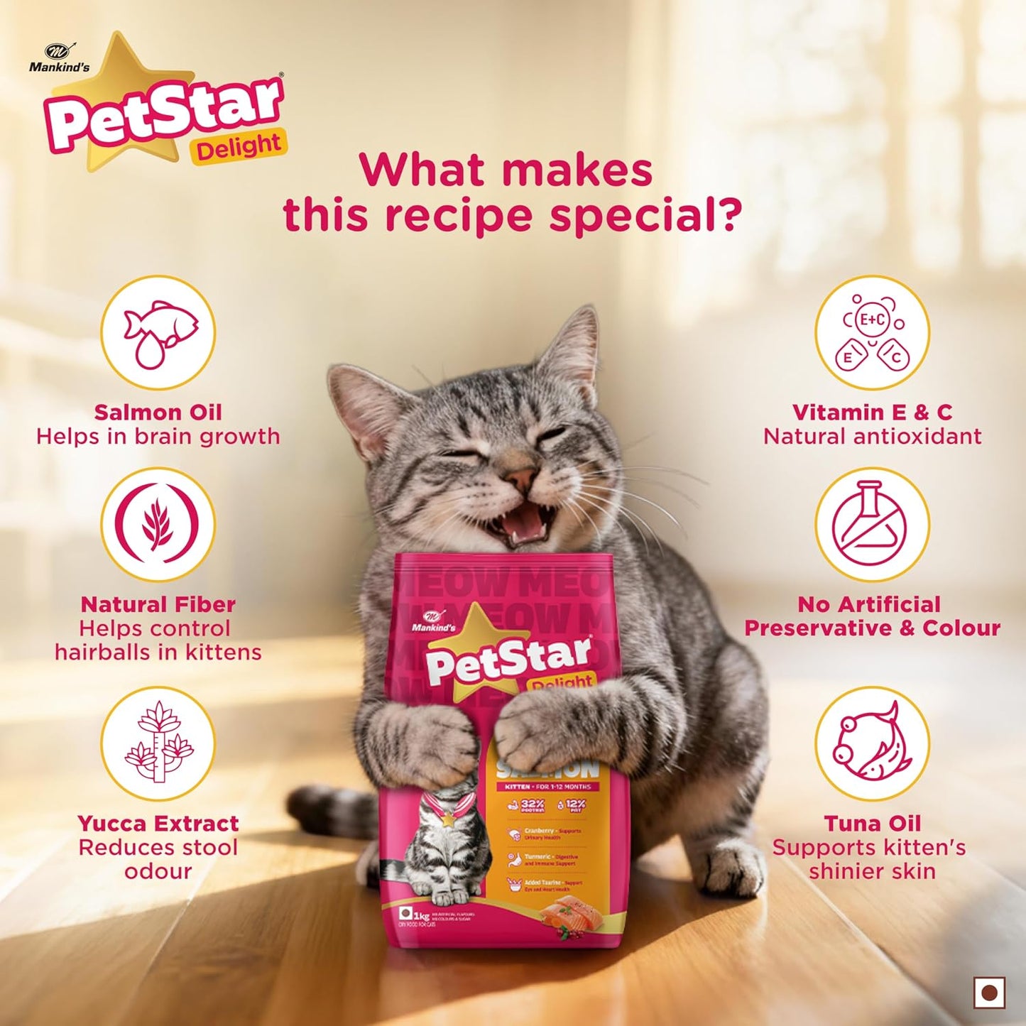 Mankind PetStar Kitten Cat Food – Salmon Flavour (1 Kg) | Complete & Balanced Nutrition for Healthy Growth, Urinary, Immune & Digestive Support