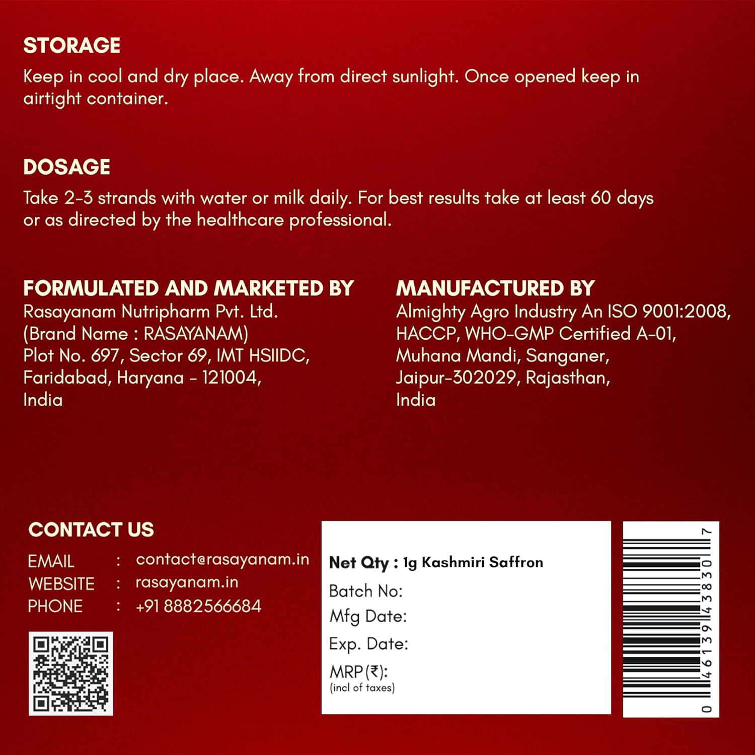 Back label of a Kashmiri Saffron package with storage, dosage, and manufacturing information.
