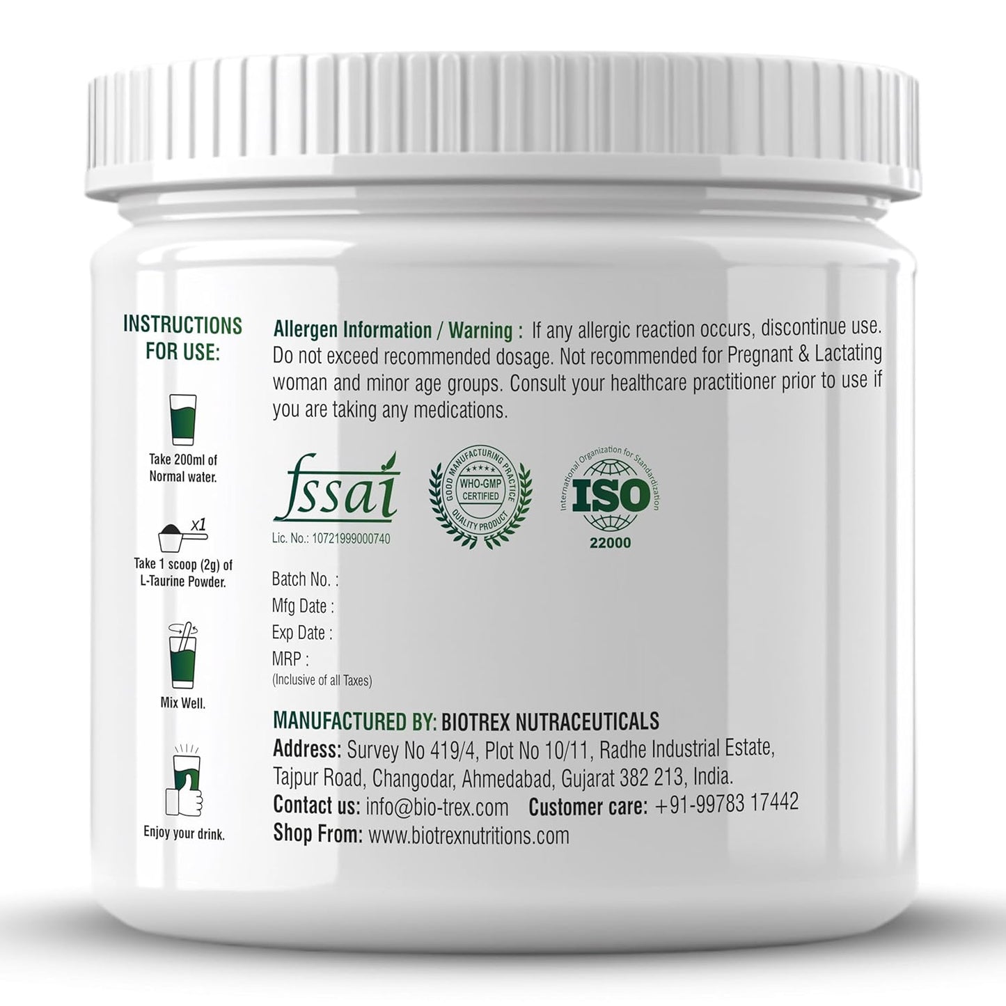 Biotrex Nutraceuticals L-Taurine Powder | Amino Acid Supplement For Athletic Performance | Cardiovascular Health & Enhances Muscle Function | Men & Women - 250Gram (Serving 125)