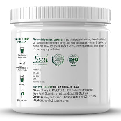 Biotrex Nutraceuticals L-Taurine Powder | Amino Acid Supplement For Athletic Performance | Cardiovascular Health & Enhances Muscle Function | Men & Women - 250Gram (Serving 125)