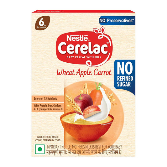 CERELAC Baby Food Cereal | No Refined Sugar | No Preservatives | Wheat Apple Carrot for 6 to 24 Months Baby | With Omega 3 Iron Protein Calcium Vit D | Instant Cereal | 300g (Weight may vary upwards)