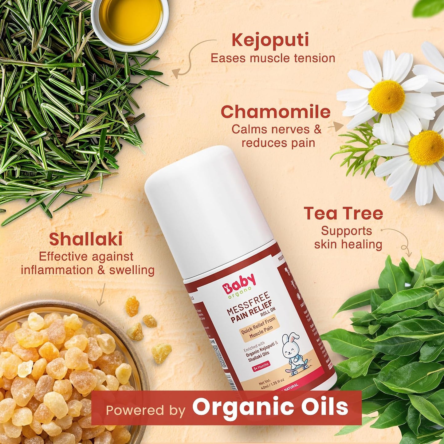 BabyOrgano Ayurvedic Pain Relief Roll On for Babies 3+ Months | With Shallaki, Chamomile & Tea Tree Oil | Soothes Muscle & Joint Pain | Pediatrician & Dermatologically Tested | Paraben-Free | 40ml