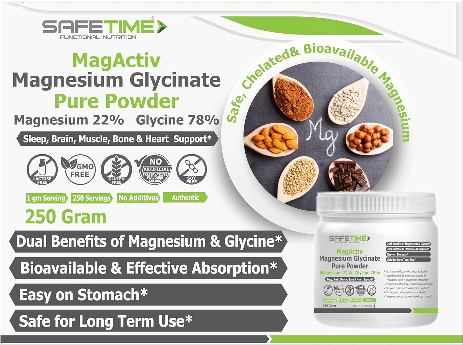 Advertisement for Safetimed Magnesium Glycinate Pure Powder with product packaging and benefits listed.