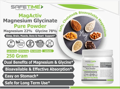 Advertisement for Safetimed Magnesium Glycinate Pure Powder with product packaging and benefits listed.