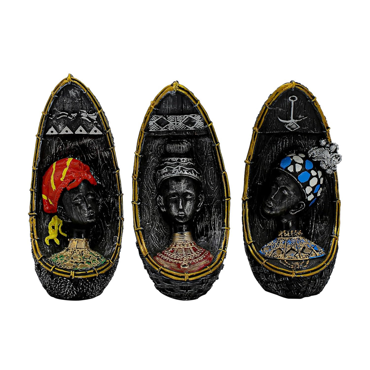 Vibrant Beautiful Finish Uniquely Hand Crafted Home Decor African Tribal Women Art Piece (African Face Lady Set of 3)