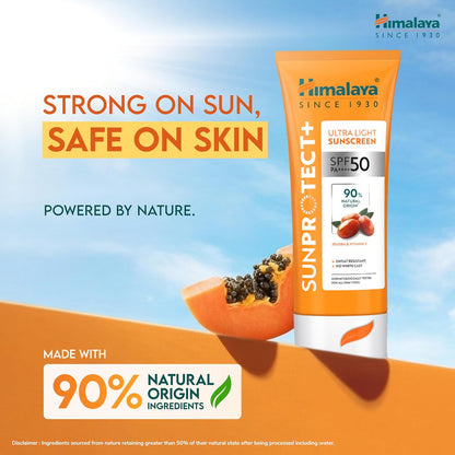 Himalaya Sun Protect sunscreen tube with natural ingredients claim against a blue sky background