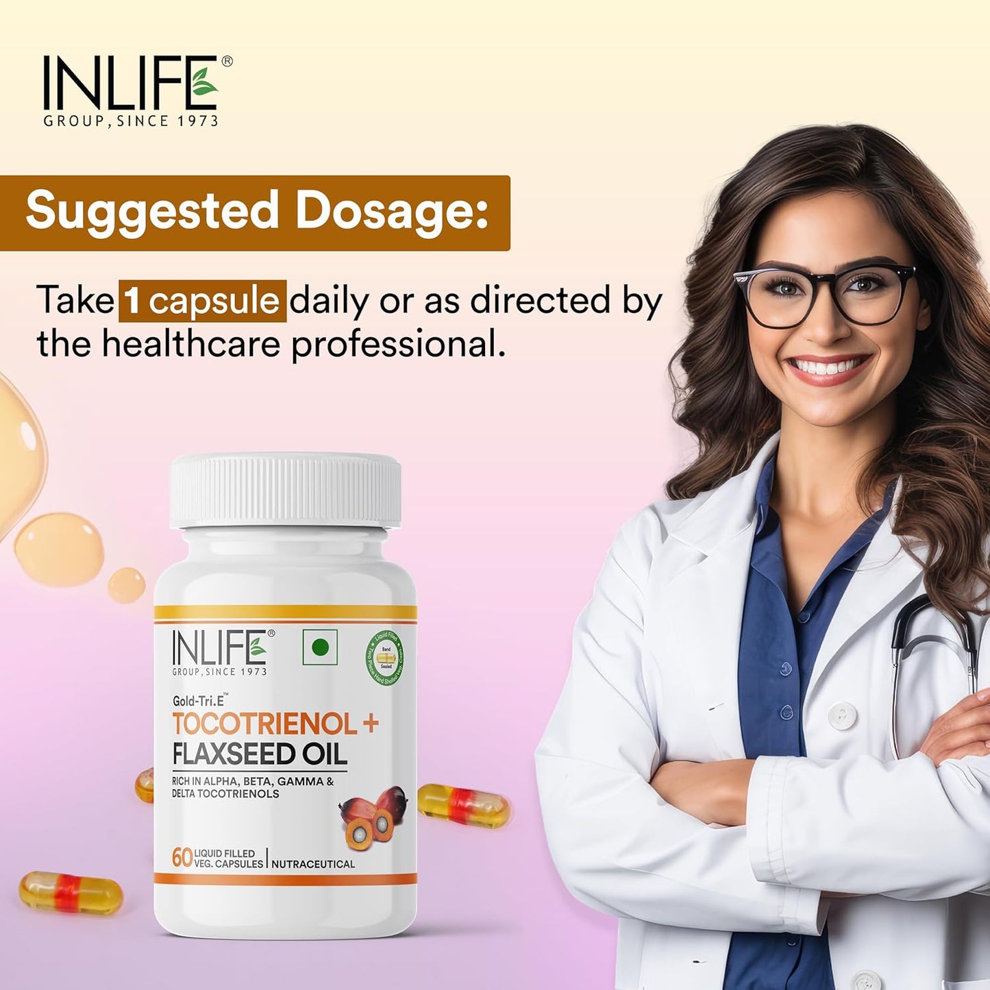 INLIFE Tocotrienol Oil 10mg (Gold Tri.E) & Flaxseed Oil 480mg Supplement | Extra Virgin Cold-Pressed Omega 3 6 9 | Supports Heart, Skin, Hair & Immune Health - 60 Vegetarian Capsules