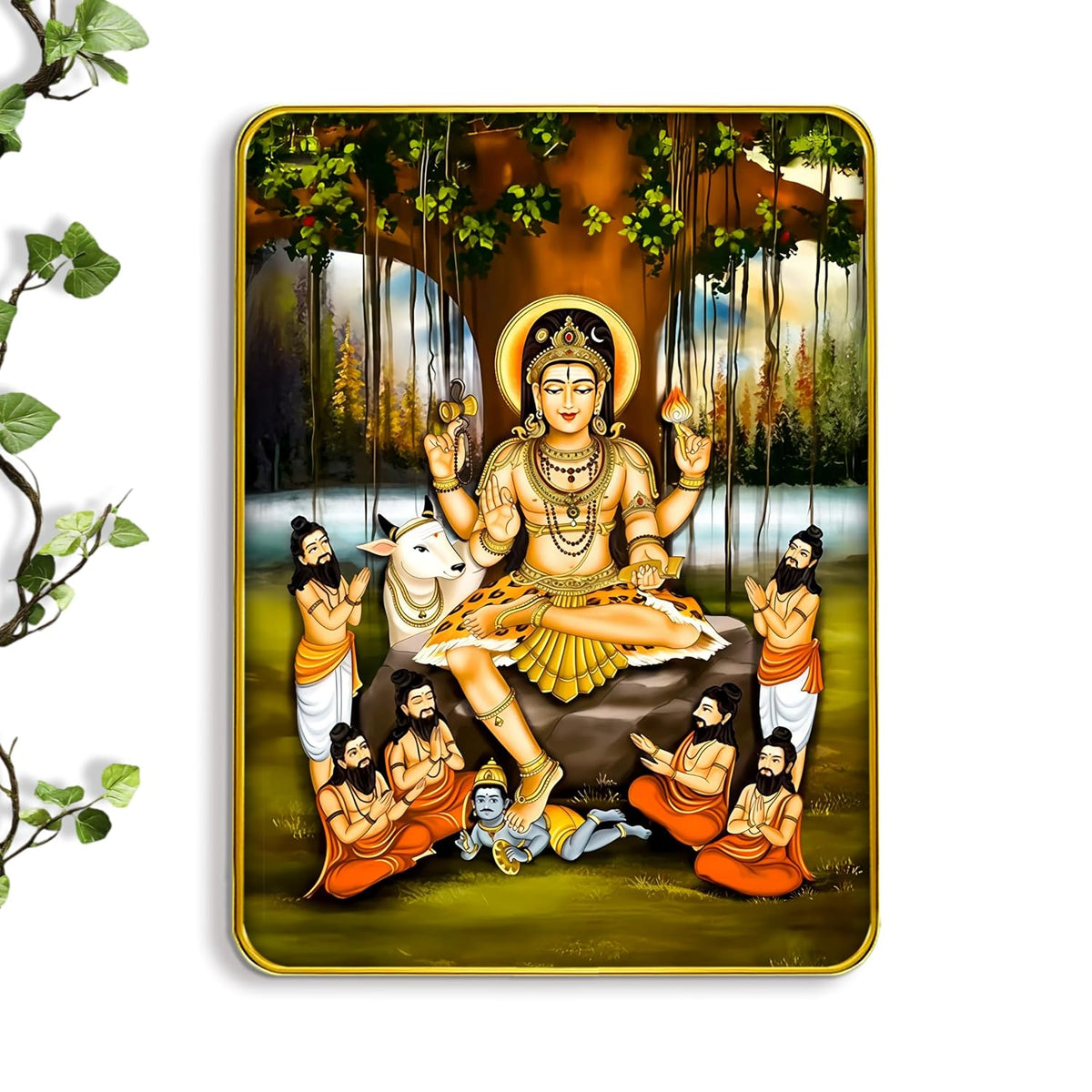 Dakshinamurthy Photo With Golden Frame | Dakshina Murthy Idol Painting For Wall Decor (Size 9 X 12 Inch) (Design 1)