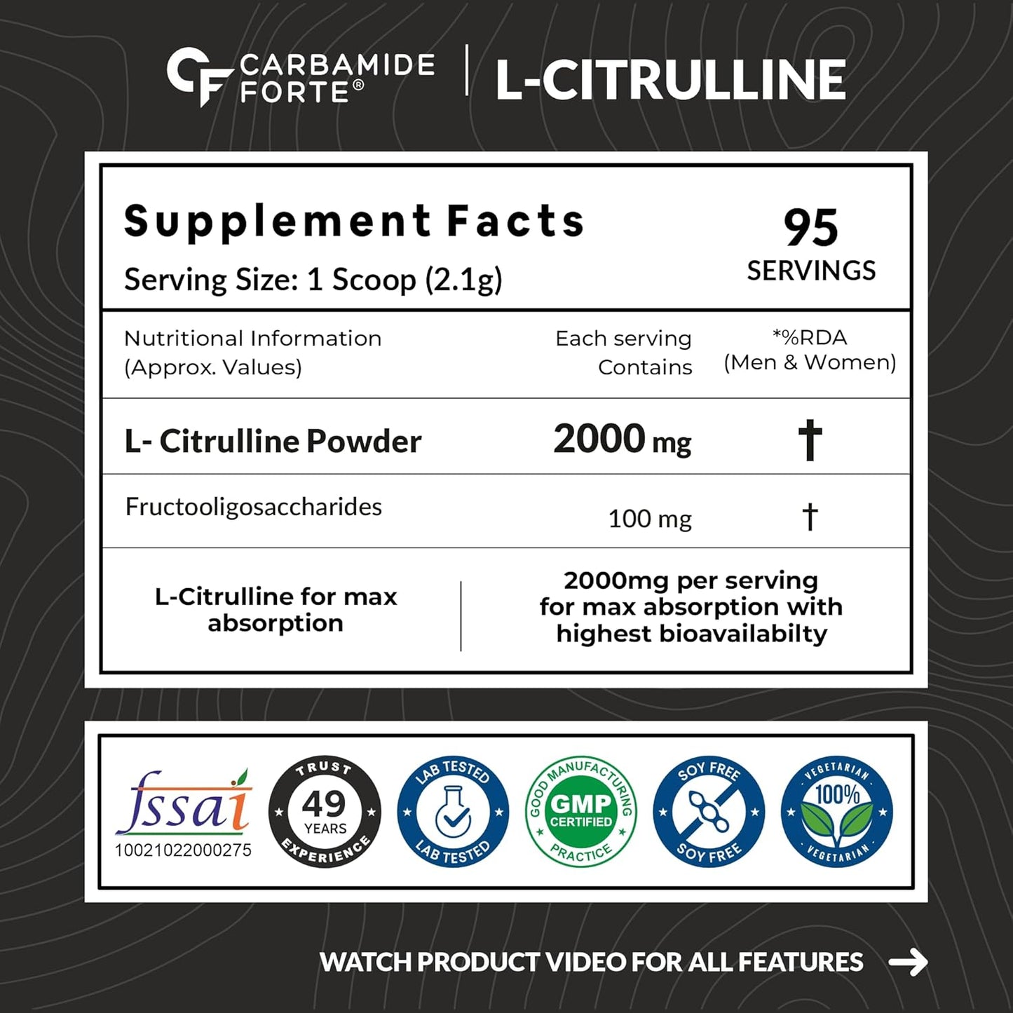 Carbamide Forte L Citrulline Powder 2000mg | pre workout Supplement for men & Women | L Citrulline Malate Powder | 2000mg 100 Unflavored Servings