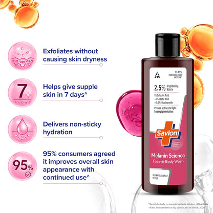 Savlon Melanin Science Face & Body Wash 250ml | With 1% Salicylic Acid + 1% Lactic Acid + 0.5% Niacinamide | Fights Hyperpigmentation | Helps Renew Dull Skin in 7 Days | Dermatologically Tested