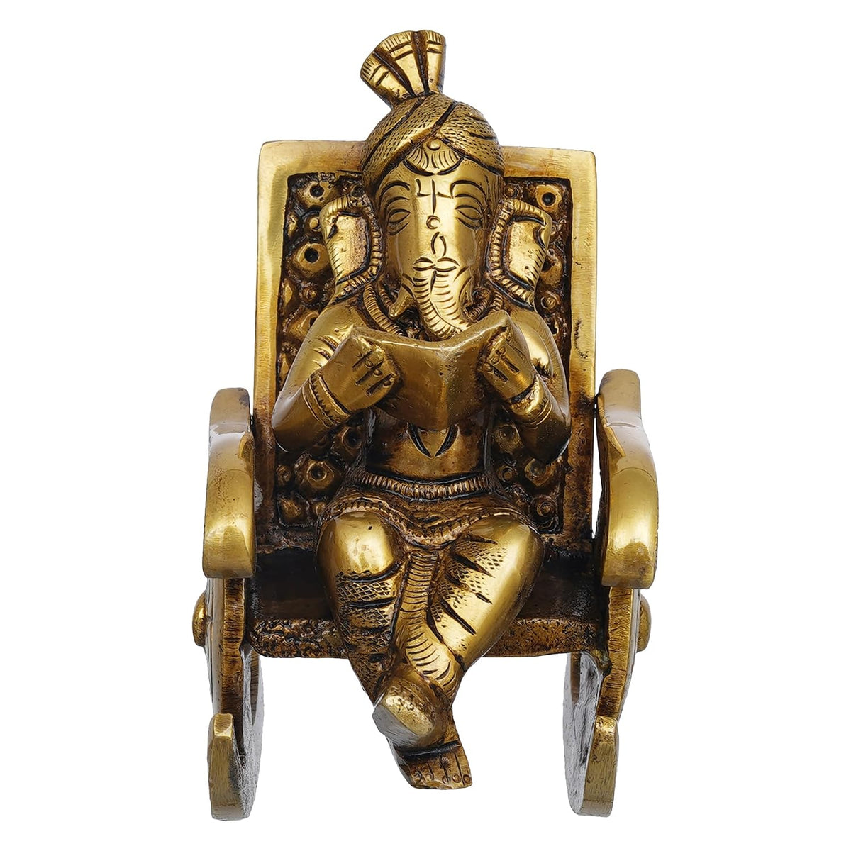 Golden Brass Handcrafted Lord Ganesha Statue Sitting on a Chair and Reading a Book Decorative Showpiece | Divine God Idol for Home, Office Decor, and Gifts