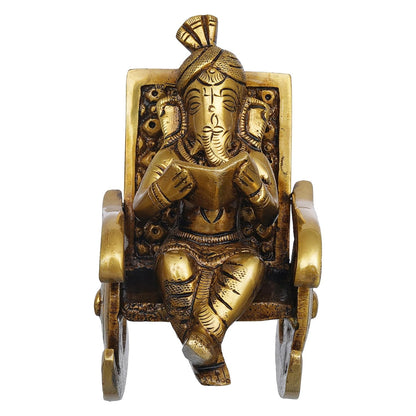 Golden Brass Handcrafted Lord Ganesha Statue Sitting on a Chair and Reading a Book Decorative Showpiece | Divine God Idol for Home, Office Decor, and Gifts