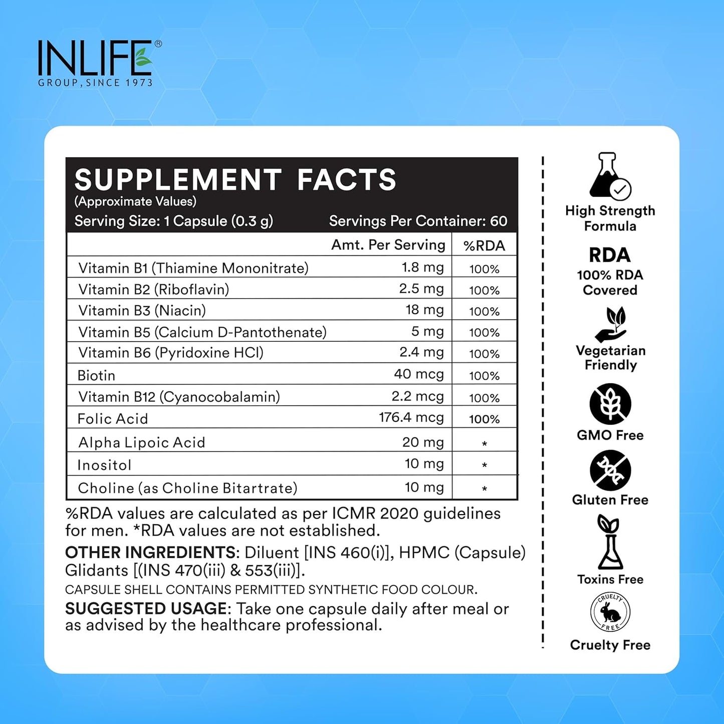 INLIFE B Complex Supplements B1, B2, B3, B5, B6, Biotin, with Vitamin B12, Folic Acid, Alpha Lipoic Acid, Inositol & Choline | For Energy & Metabolism | For Men Women - 60 Vegetarian Capsules