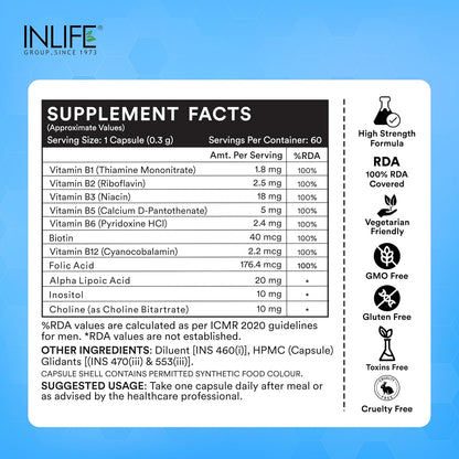 INLIFE B Complex Supplements B1, B2, B3, B5, B6, Biotin, with Vitamin B12, Folic Acid, Alpha Lipoic Acid, Inositol & Choline | For Energy & Metabolism | For Men Women - 60 Vegetarian Capsules
