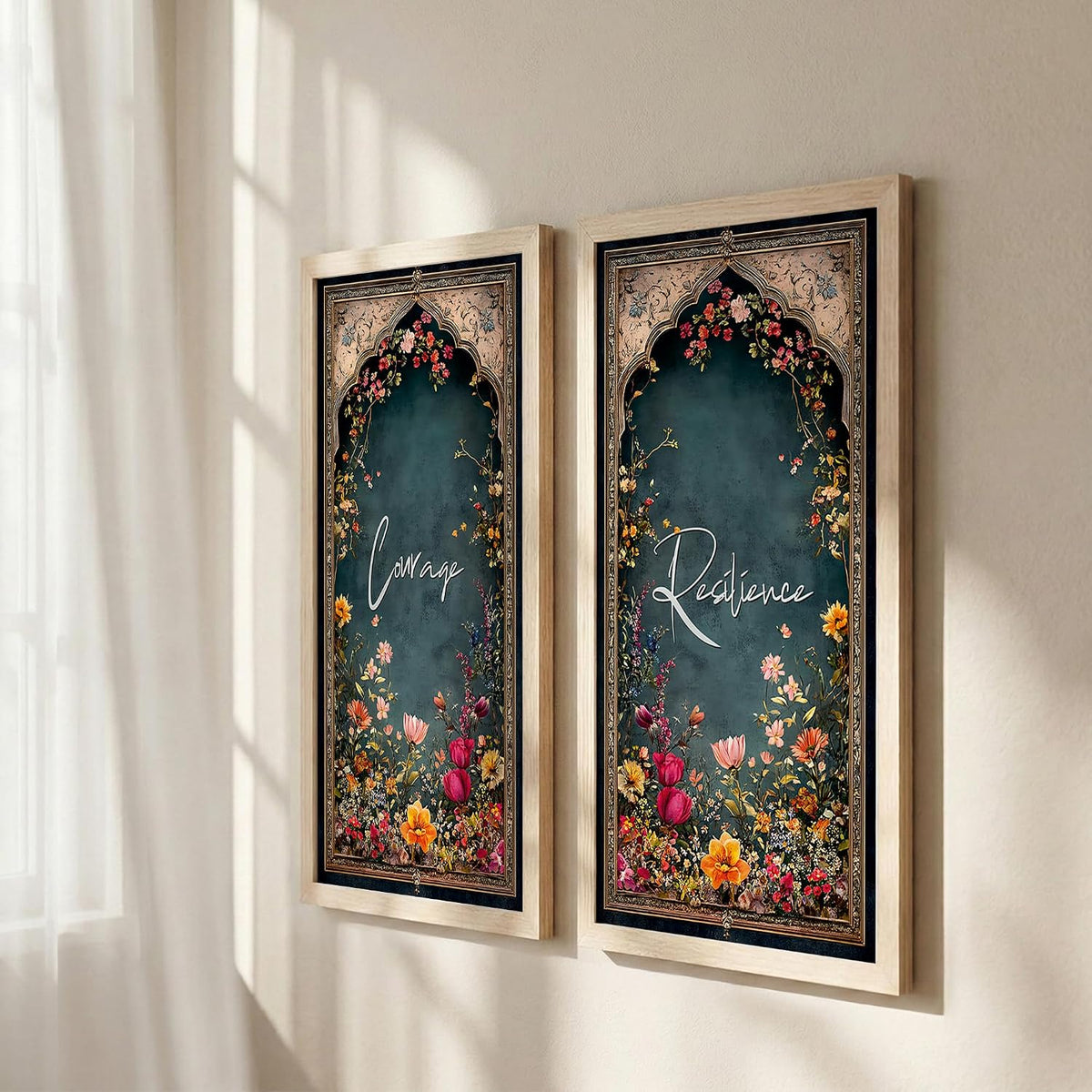 Motivational Floral Wall Art Set of 2 with Frame, Courage & Resilience Quote Prints, Vintage Botanical Arch Design, (Art-7, 10x19inch) Wooden Frame