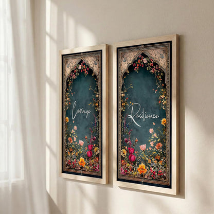 Motivational Floral Wall Art Set of 2 with Frame, Courage & Resilience Quote Prints, Vintage Botanical Arch Design, (Art-7, 10x19inch) Wooden Frame