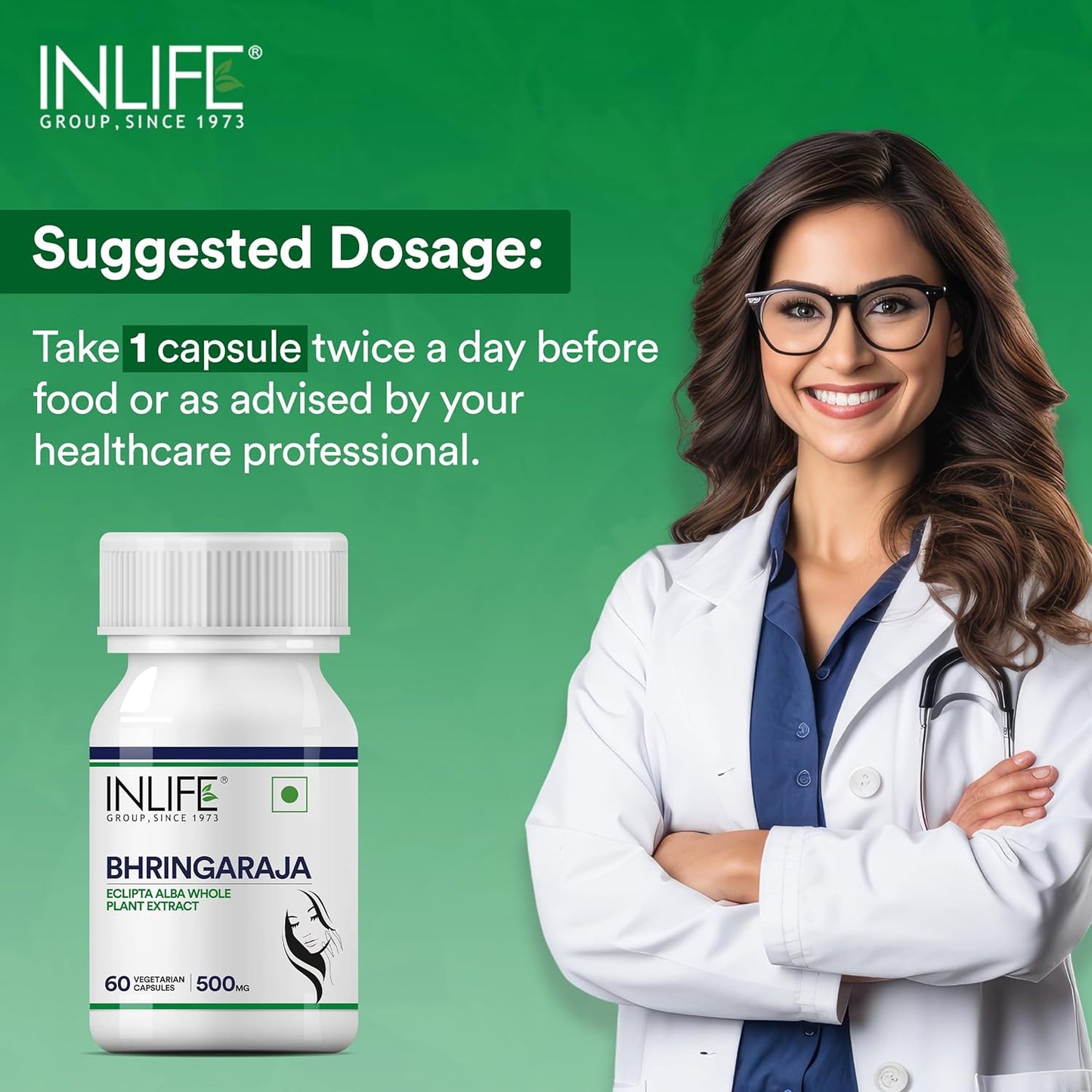 INLIFE Bhringraj Capsules for Hair | Whole Plant Extract Supplement | Eclipta Alba | Supports Healthy Hair for Women & Men, 500mg - 60 Vegetarian Capsules (Pack of 1, 60)