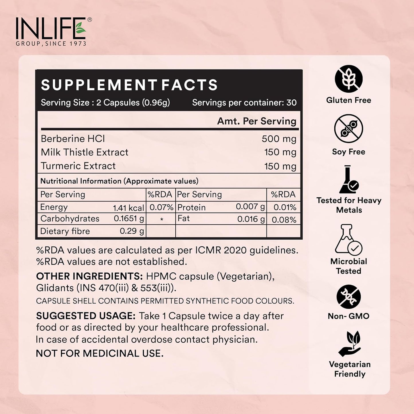 INLIFE Berberine HCL 500mg Supplements with Milk Thistle & Turmeric Extract Support for Men & Women - 60 Veg Capsules (Pack of 1, 60)