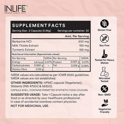 INLIFE Berberine HCL 500mg Supplements with Milk Thistle & Turmeric Extract Support for Men & Women - 60 Veg Capsules (Pack of 1, 60)