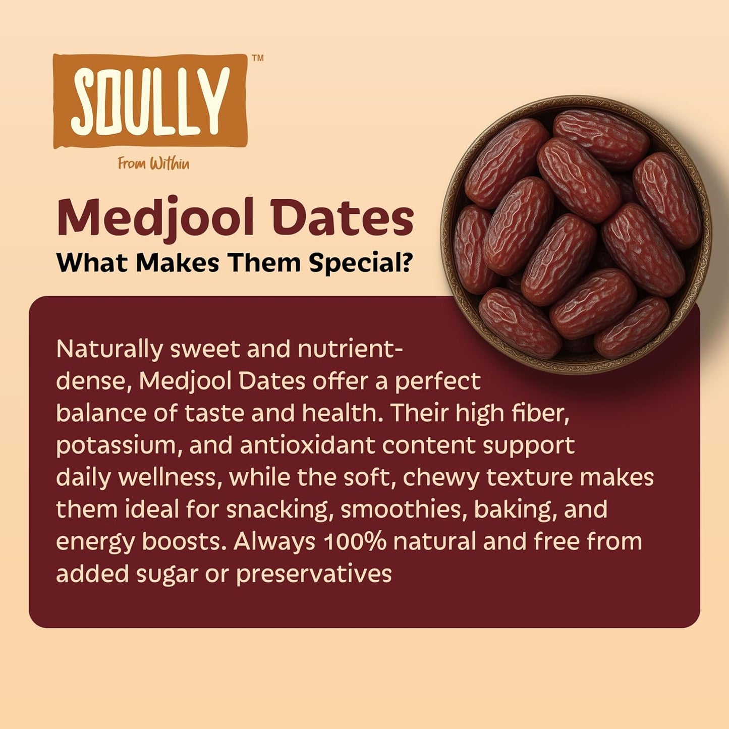 Soully Medjool Dates 400g | Premium Soft & Juicy Medjoul Khajoor | High in Fibre | No Added Sweeteners or Preservatives | Healthy Snacks | Healthy Dates for Snacking & Recipes | Dry Fruits