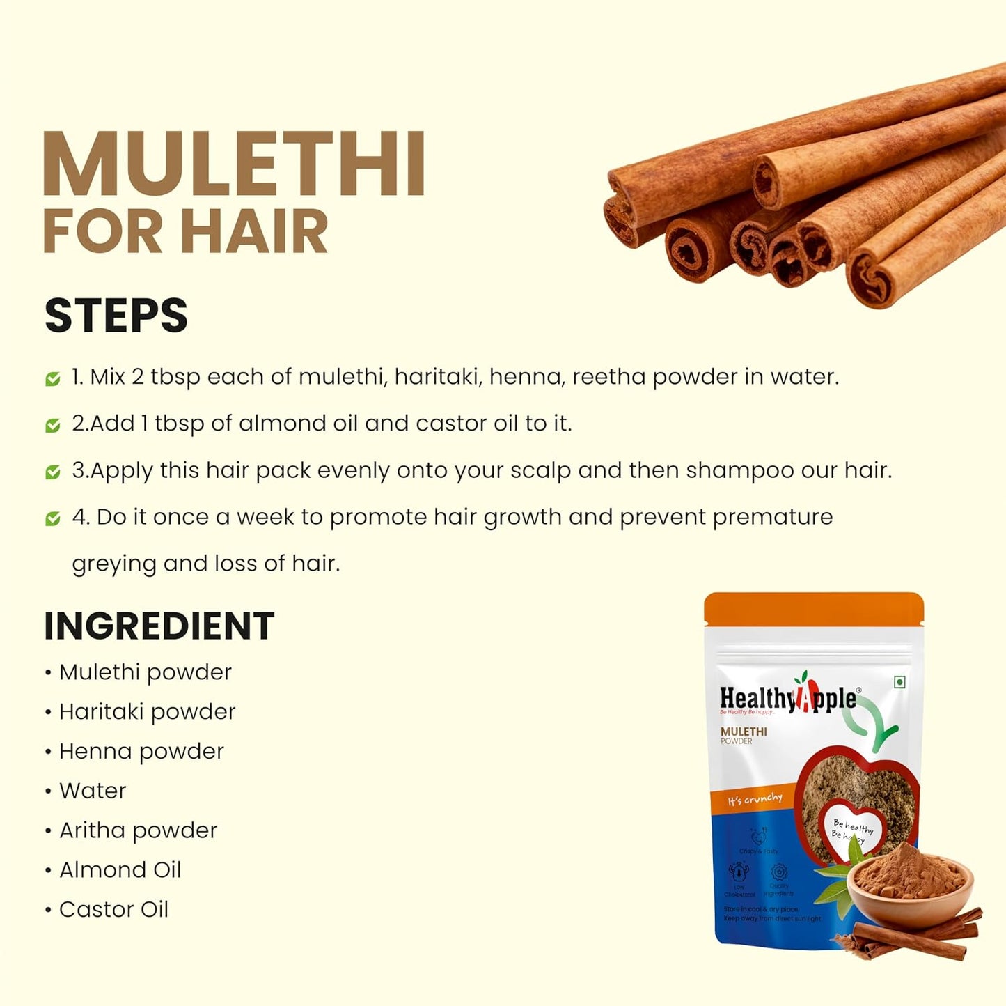 Healthy Apple Organic Liquorice/Mulethi Powder/Athimathuram Powder for Skin Whitening and Hair - 100Gm