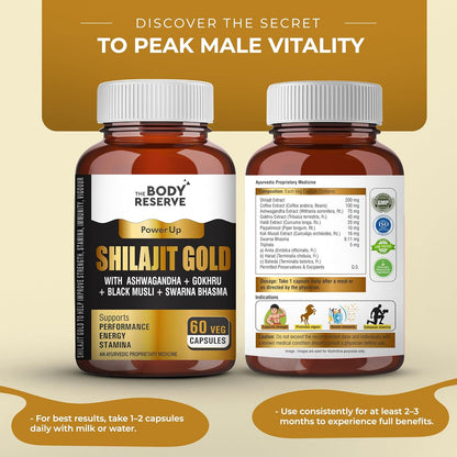 Two bottles of Shilajit Gold supplement with labels on a beige background