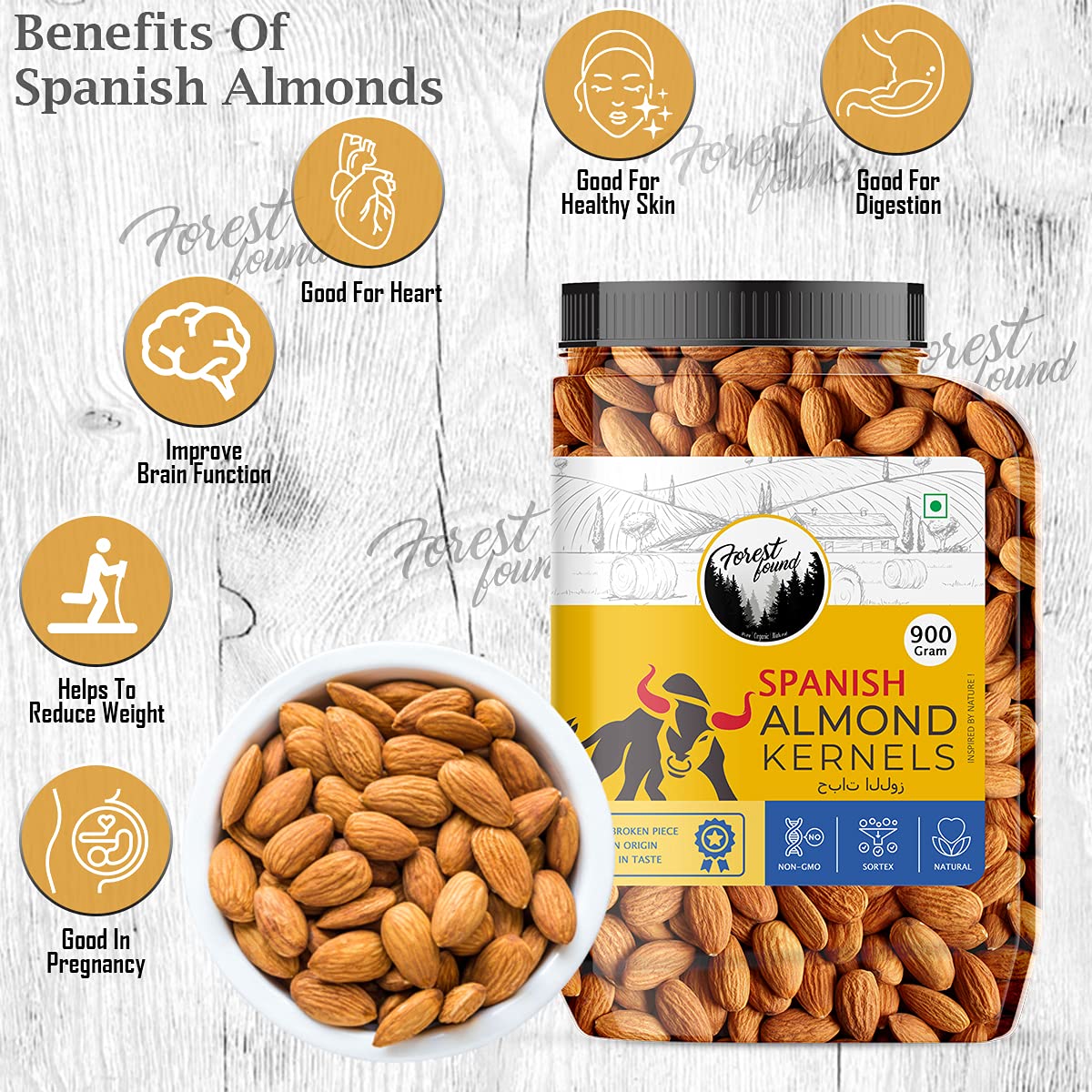 Forest Found Spanish Whole Almonds - 900g | Crunchy Raw Badam Giri | 100% Natural, Fresh & Authentic Mediterranean Almonds | High Protein & Vitamin E Rich | Healthy Snack for Brain & Heart
