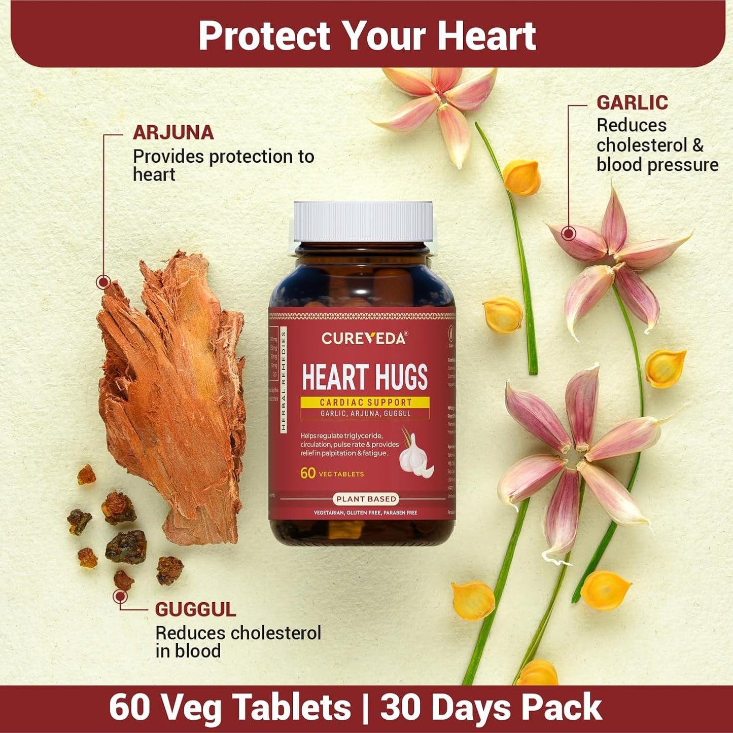 Cureveda Heart Hugs supplement bottle with natural elements and text on a light background