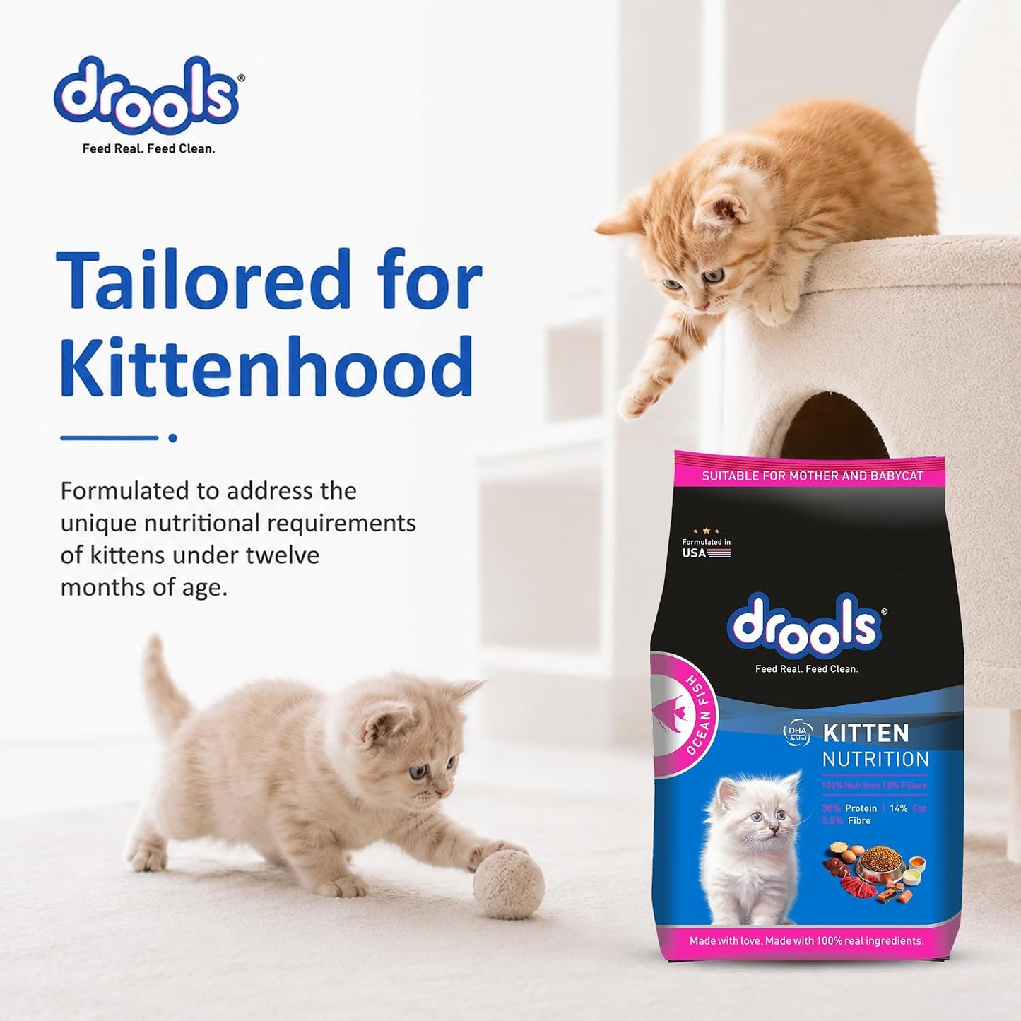 Drools Kitten Dry Cat Food 1.2kg | Ocean Fish Flavour | Promotes Soft Skin & Shiny Coat | Complete Nutrition | Supports Digestion | Aids Growth Development