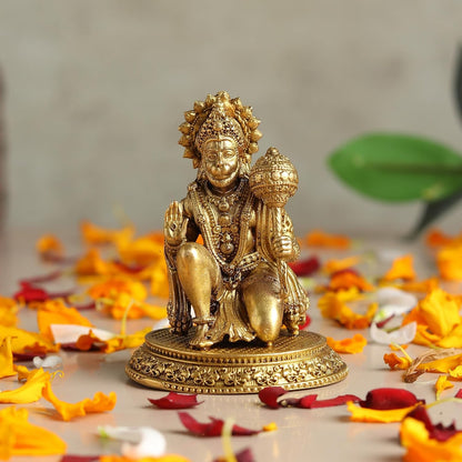 Brass Hanuman Ji Idol | Handcrafted Hanuman Murti for Pooja Room | Home Temple & Festival Gift (Design03: H5 x W5 x H6.5 cm)