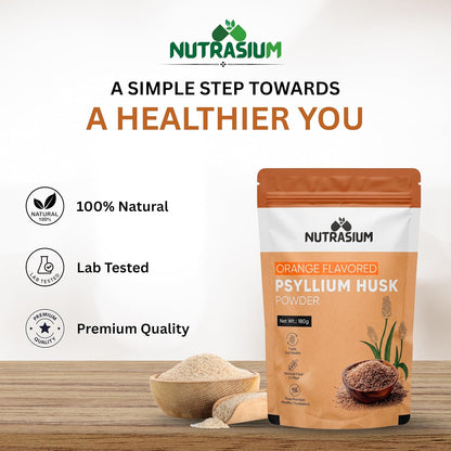 Nutrasium Psyllium Husk Powder | Isabgol Powder | Supports to Relieves Constipation | Rich Source Of Dietary Fiber Supplement For Digestion & Gut Health | 180 gram Orange Flavour