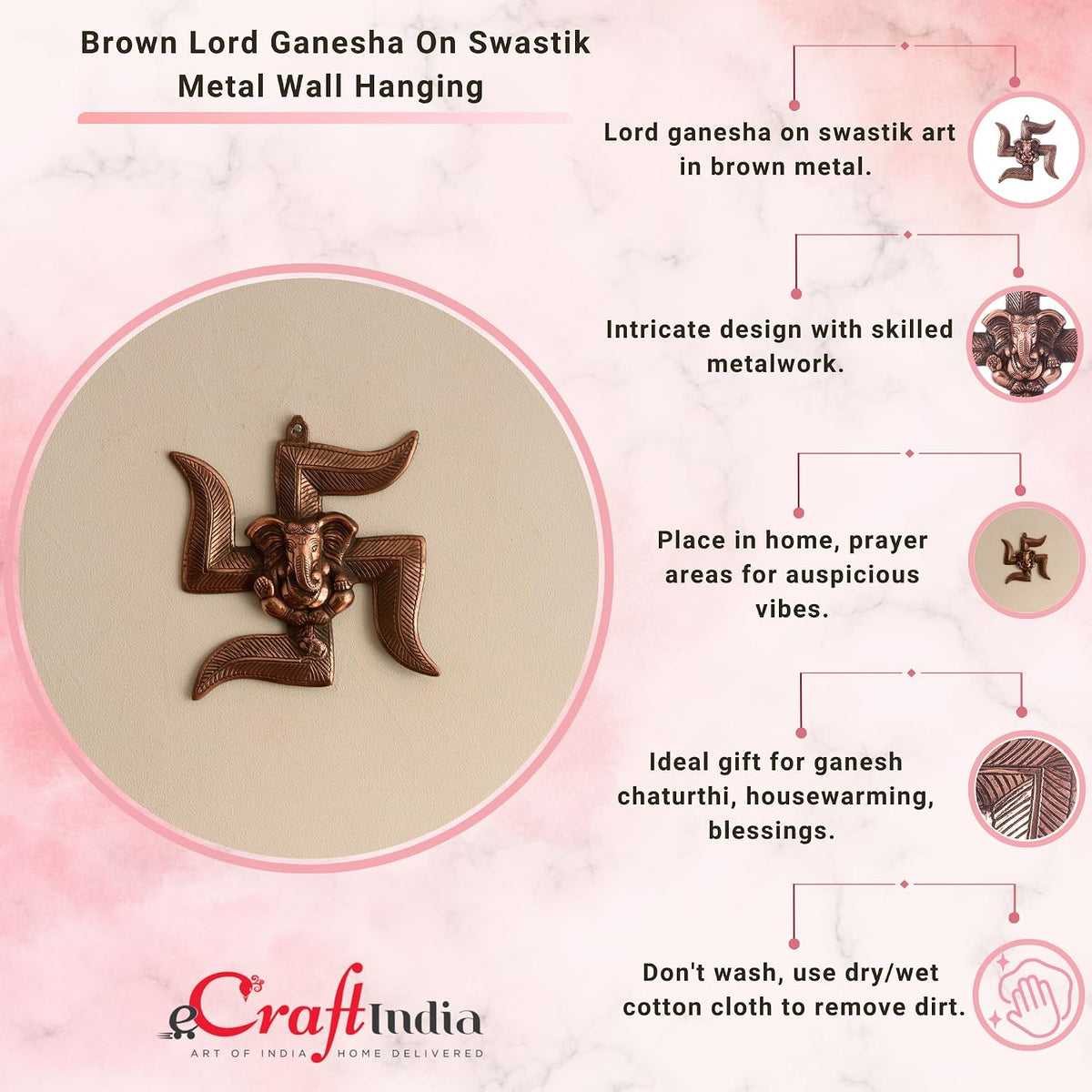 eCraftIndia Lord Ganesha on Swastik Metal Wall Hanging (22 cm x 3 cm x 24 cm, Brown)