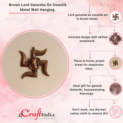 eCraftIndia Lord Ganesha on Swastik Metal Wall Hanging (22 cm x 3 cm x 24 cm, Brown)