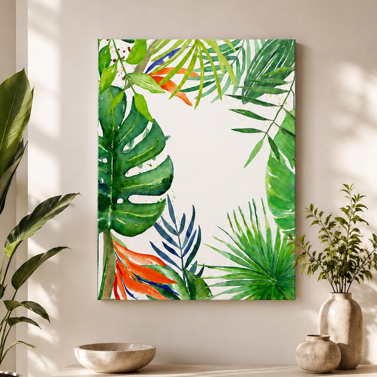 Tropical Green Leaves Framed Canvas Wall Art Painting for wall decoration | Botanical Leaf Nature Inspired Painting for Living Room, Bedroom and Office, 16x22 Inch