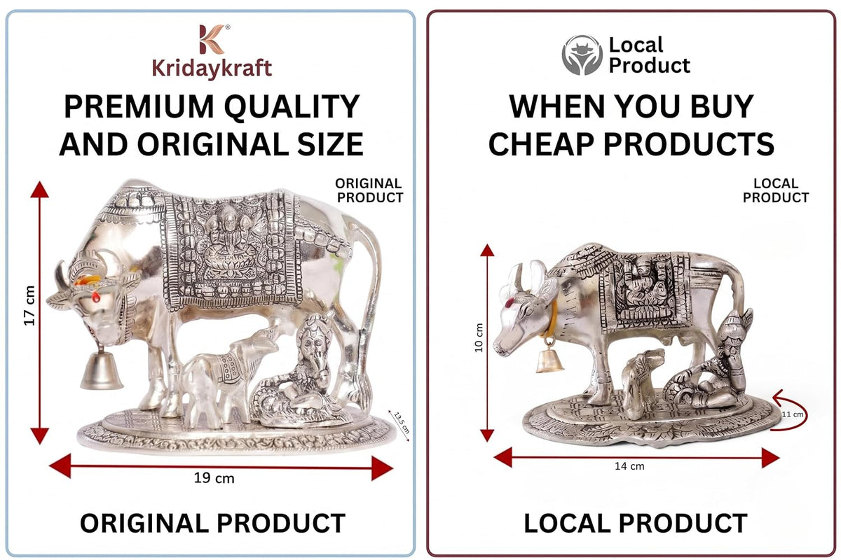 KridayKraft Kamdhenu Cow & Calf with Bal Gopal Krishna Metal Statue Vastu Idol for Good Luck, Wealth & Prosperity, Feng Shui Showpiece for Home, Office & Housewarming Gift (Silver)