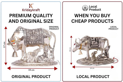 KridayKraft Kamdhenu Cow & Calf with Bal Gopal Krishna Metal Statue Vastu Idol for Good Luck, Wealth & Prosperity, Feng Shui Showpiece for Home, Office & Housewarming Gift (Silver)