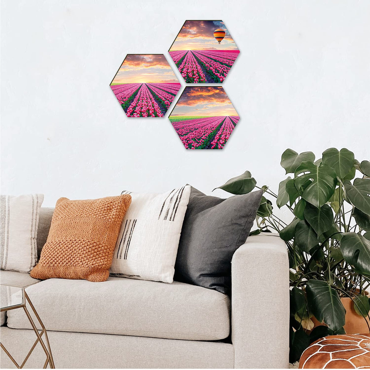 Floral Wall Painting For Living Room Hexagonal Set of 3 (D)