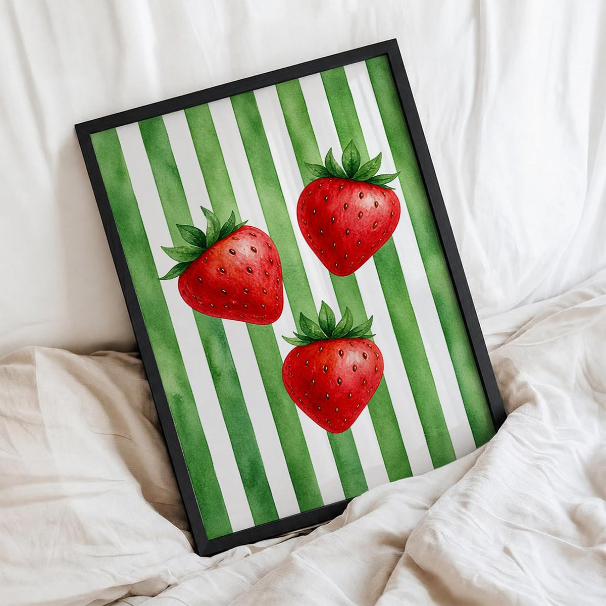 Strawberry Wall Art Framed Painting for Home Decor, Fruit Botanical Artwork Wall Decor for Living Room Bedroom Kitchen Dining Room, Green Retro Aesthetic Room Decoration (DGN06-Black10x13 inch)