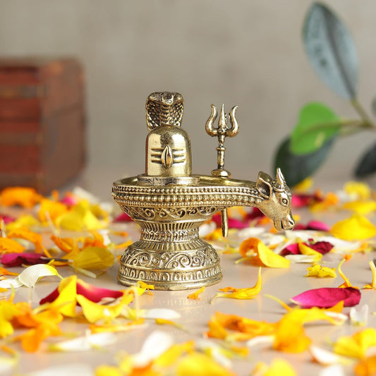 Brass Shivling with Nandi Face, Trishul & Nag | Shiva Idol for Pooja & Home Temple | Auspicious Brass Gift Item (Design09: L6 x W4 x H6 cm)