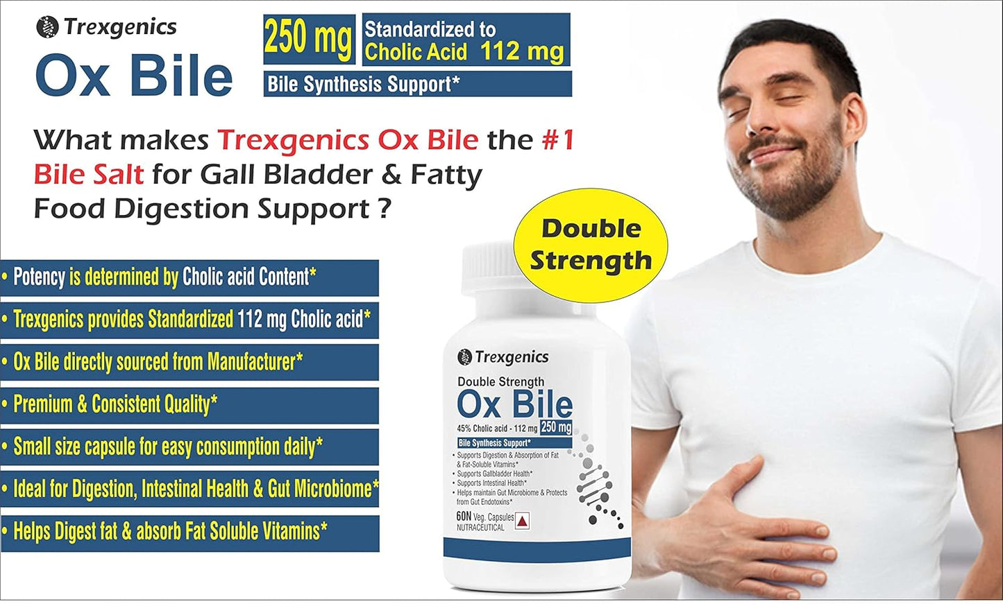 Trexgenics BILE EXTRACT 250 mg 45% Cholic acid DOUBLE STRENGTH Bile Synthesis Support (60 Vegan Capsules) (Pack of 1)